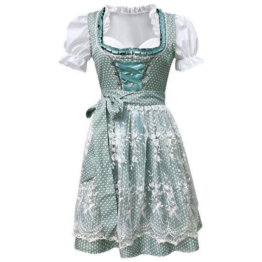 Damen nan traditionelles kurzes Dirndl mit Spitzenapron, Herzausschnitt, Puffärmeln und Schnürung EB