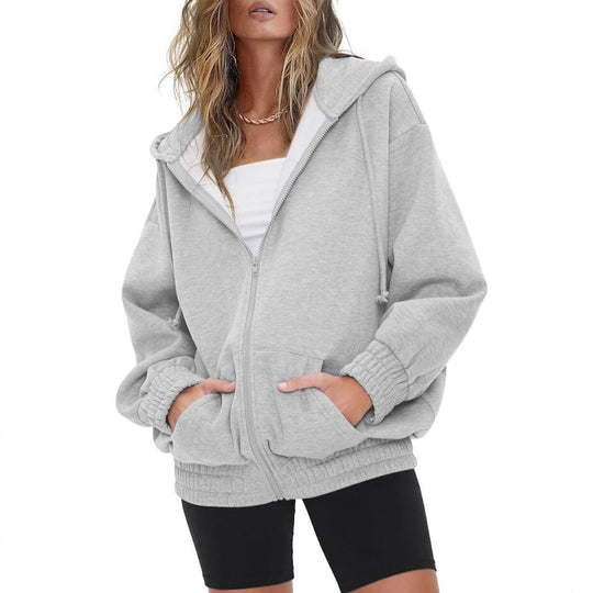 Damen nan oversized Kapuzenjacke mit Reißverschluss, Fleece-Futter und Kängurutaschen EB