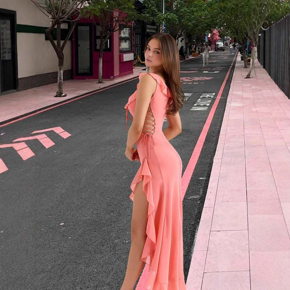 Damen Elegantes Maxikleid mit schwingendem Rock, Rüschendetails und seitlichen Schnürungen EB