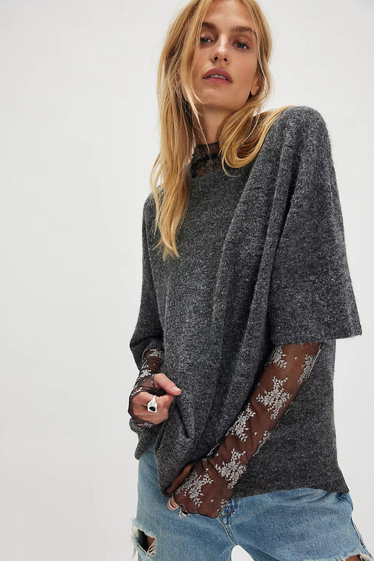 Damen Stylish halbtransparentes Sweatshirt mit Spitze und lässigem Schnitt EB