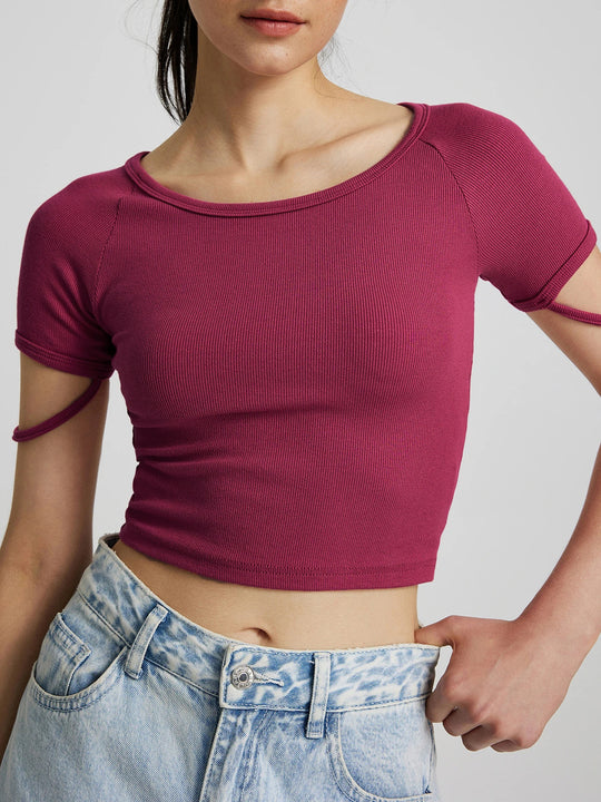 Damen kurzärmliges enganliegendes Crop-Top mit Rundhalsausschnitt EB