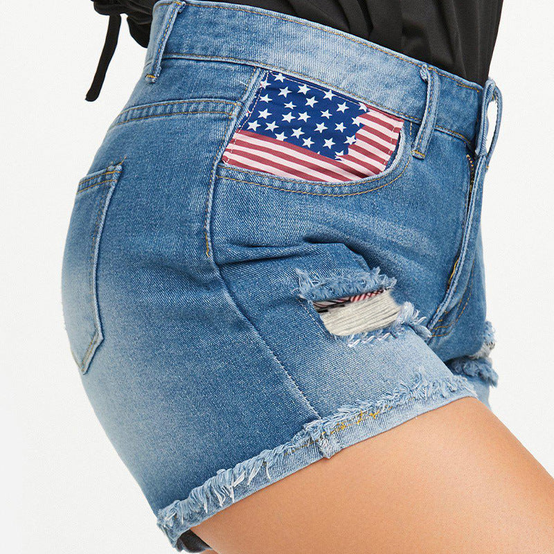 Damen Denim-Shorts mit einzigartigem Flaggen-Design und modischen Rissen EB
