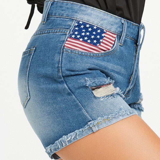 Damen Denim-Shorts mit einzigartigem Flaggen-Design und modischen Rissen EB