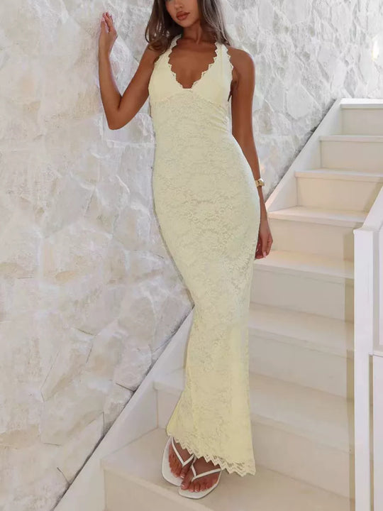 Damen Elegantes Spitzenmaxikleid mit halterndem Dekolleté EB