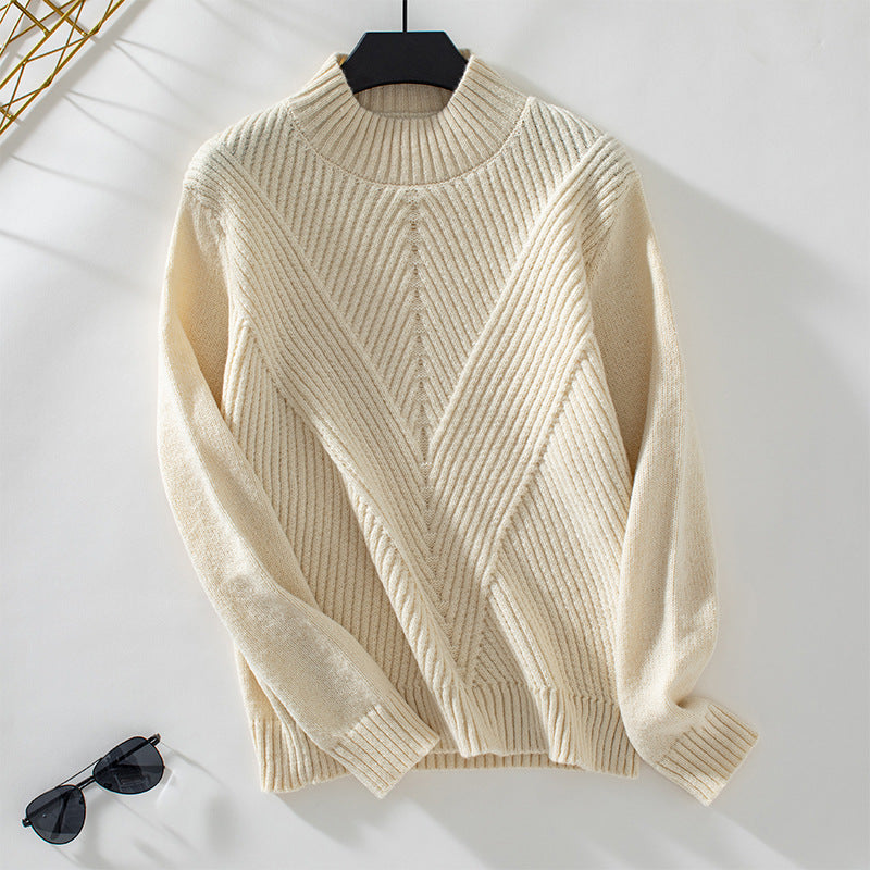 Damen modischer Strickpullover mit hochschließendem Kragen und V-Design EB