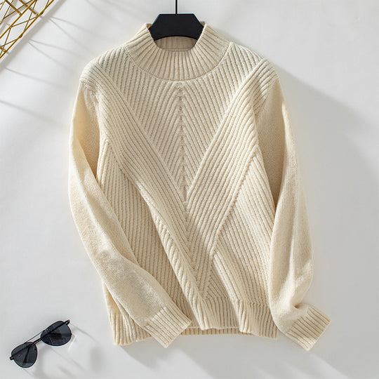 Damen modischer Strickpullover mit hochschließendem Kragen und V-Design EB
