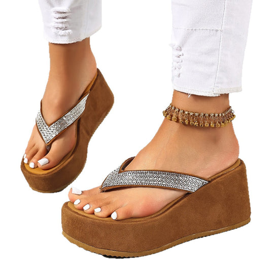 Damen Wedge-Pantoletten mit glitzernden Riemen und bequemer Sohle EB