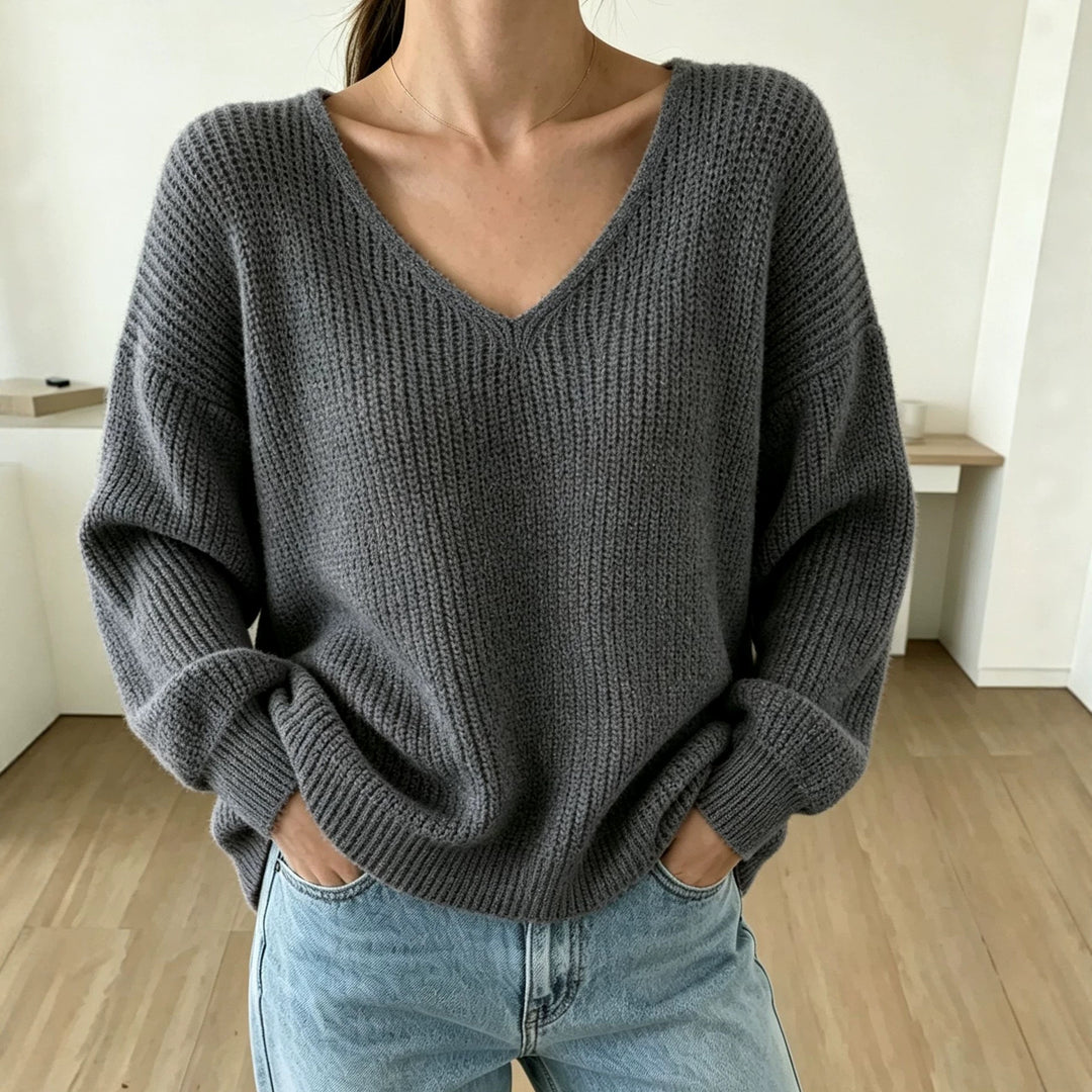 Damen Lässiger Boxy-Grobstrickpullover mit V-Ausschnitt und gerippten Bündchen EB