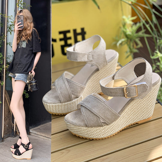 Damen nan Espadrille-Keilabsatz-Sandalette mit gekreuzten Veloursriemen und verstellbarer Schnallenlasche EB