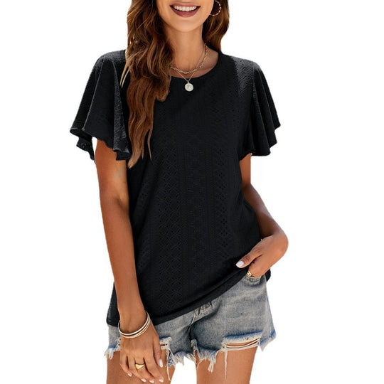 Damen T-Shirt mit eleganten Volantärmeln und durchbrochenem Design EB