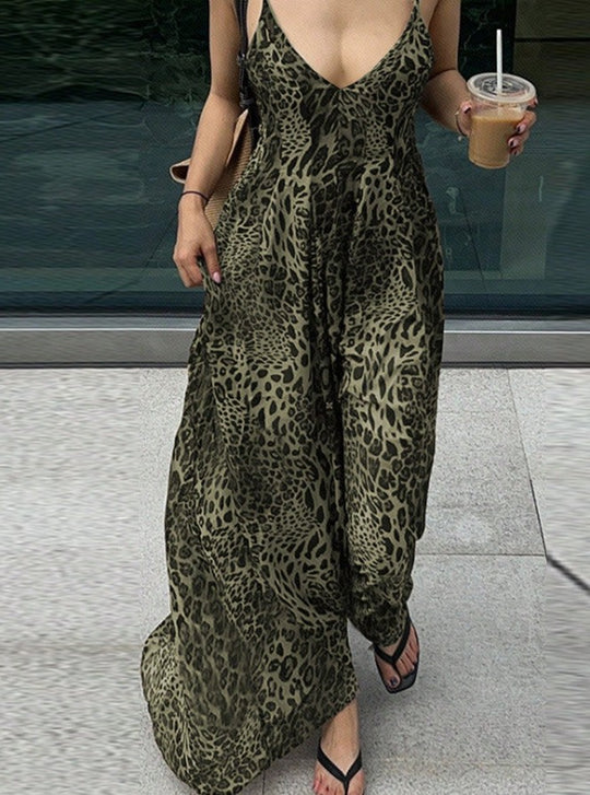 Damen Maxikleid mit tiefem V-Ausschnitt und elegantem Leopardenmuster EB