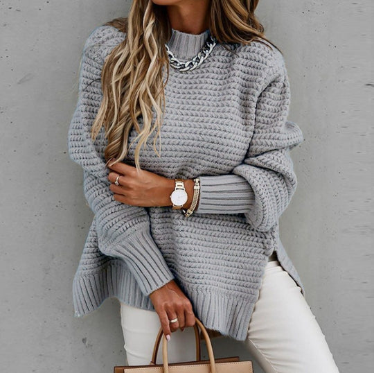 Damen Grobstrickpullover mit hochgeschlossenem Kragen und strukturiertem Muster EB