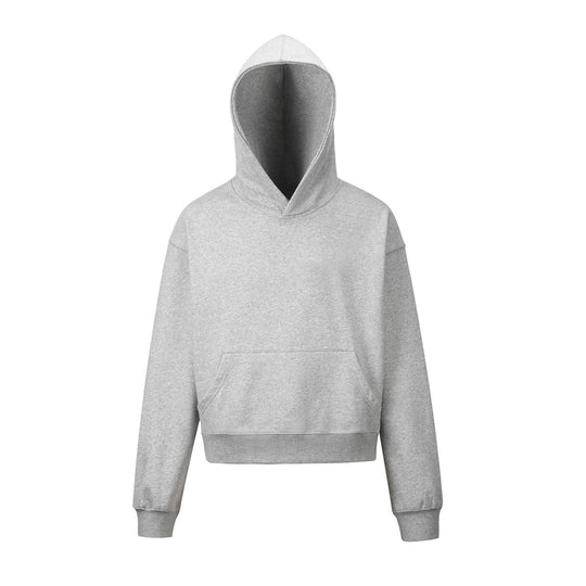 Damen nan kurzgeschnittener Boxy-Kapuzenpullover mit Kängurutasche und geripptem Komfortbund EB