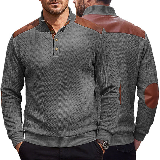 Herren Pullover mit Stehkragen, Zopfmuster und kontrastierenden Lederbesätzen EB