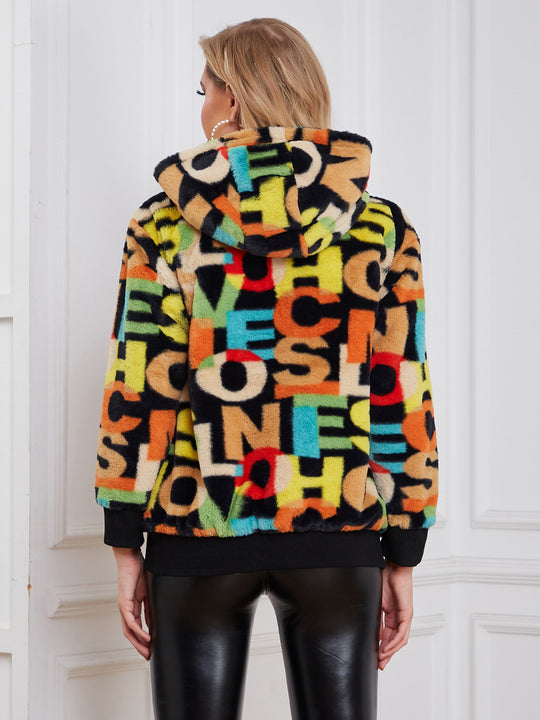 Damen Flauschige Oberjacke mit buntem Farbdesign und flauschigem Innenfutter EB