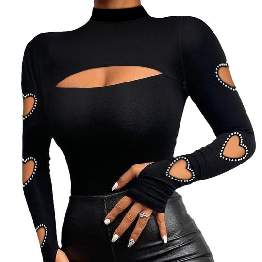 Damen Langarm Body mit Herz-Cut-Outs und Strassdetails EB