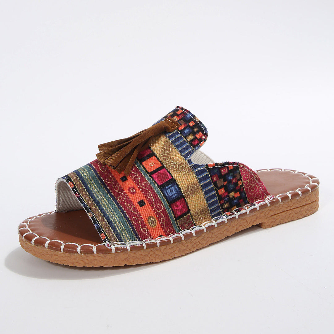 Damen bequeme Pantoletten mit buntem Streifen-Design und Quasten-Detail EB