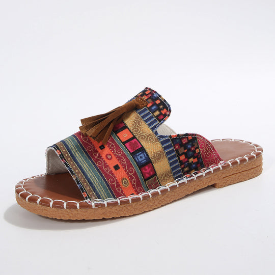 Damen bequeme Pantoletten mit buntem Streifen-Design und Quasten-Detail EB