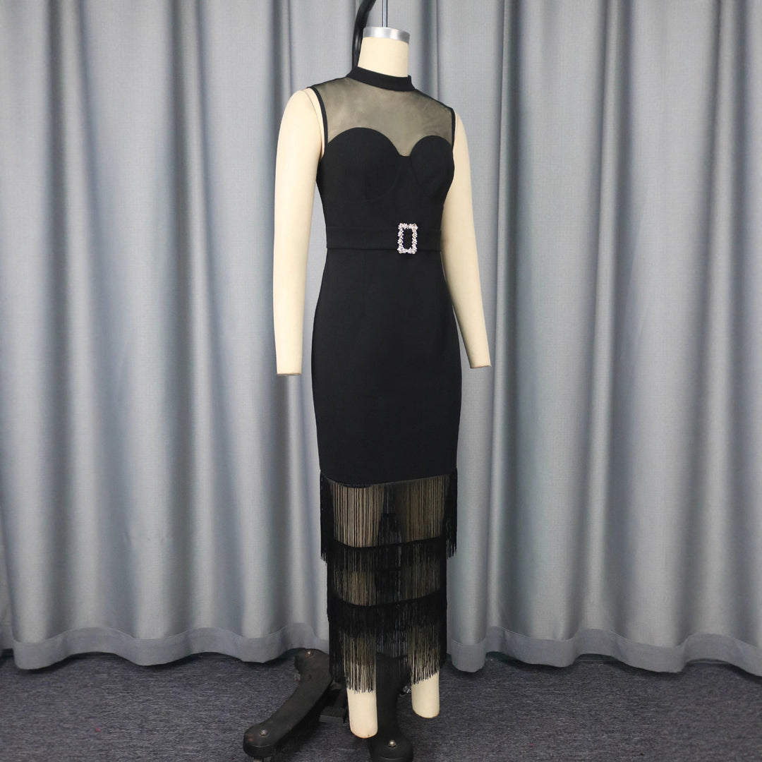 Damen Glamouröses Cocktailkleid mit transparentem oberen Einsätzen und Fransen EB