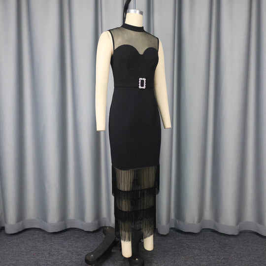Damen Glamouröses Cocktailkleid mit transparentem oberen Einsätzen und Fransen EB
