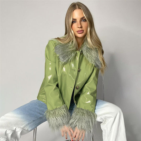 Damen modische Jacke mit luxuriösem Kunstpelzkragen und glänzender Oberfläche EB