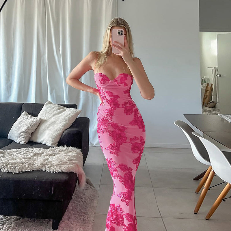 Damen elegantes Spitzen-Maxikleid mit herzförmigem Ausschnitt und fließendem Rüschendesign EB