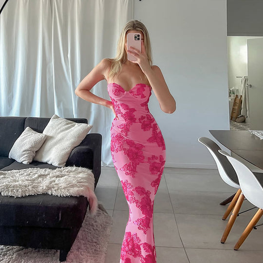 Damen elegantes Spitzen-Maxikleid mit herzförmigem Ausschnitt und fließendem Rüschendesign EB