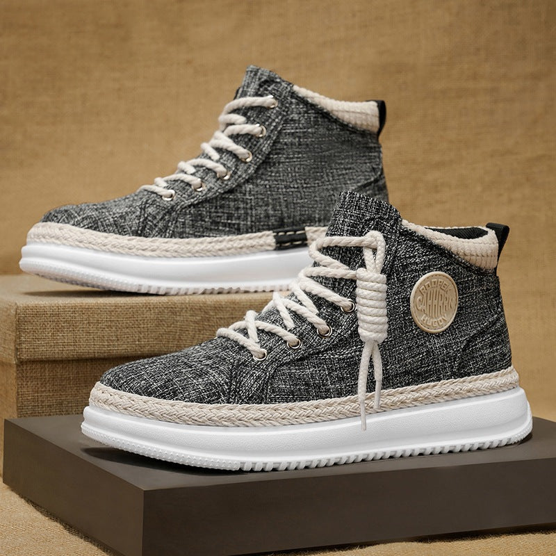 Damen hohe Freizeit‑Sneaker mit meliertem Textilobermaterial, geflochtener Jute‑Zierkante und gedämpfter Plateau‑Sohle EB