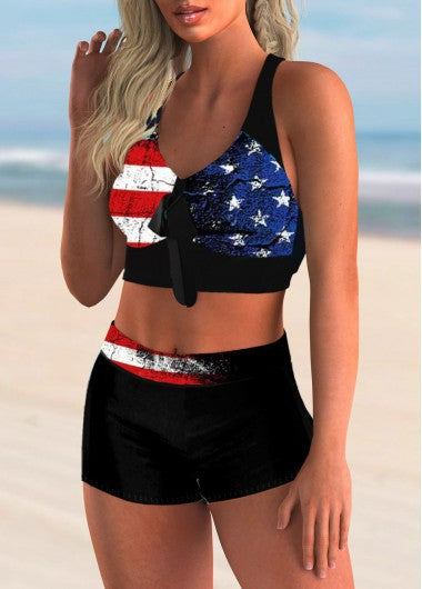 Damen Sportliches Bikini-Set mit verknotetem Oberteil und bequemen Shorts EB