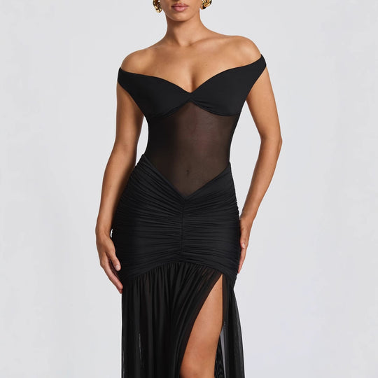 Damen Elegantes Maxikleid mit schulterfreiem Design und raffinierten Faltenwurf EB