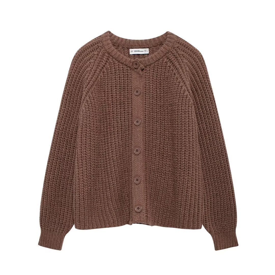 Damen nan grob gestrickte Raglan-Cardigan mit Ballonärmeln und durchgehender Knopfleiste EB