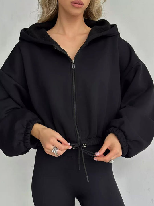 Damen nan kurzes Oversize-Kapuzensweatshirt mit Halbzip und Kordelzugbund EB