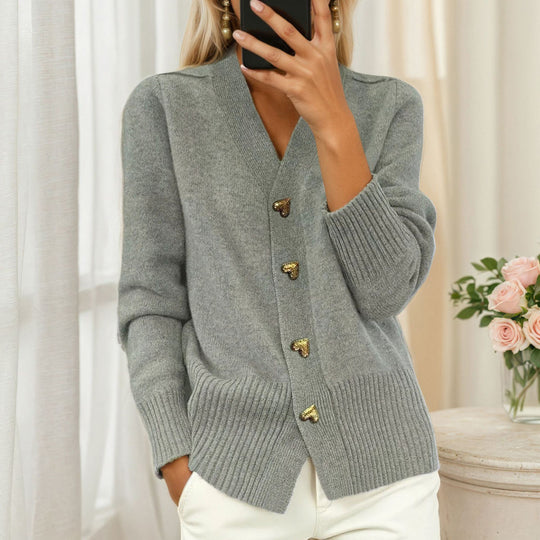 Damen nan lockerer Strickcardigan mit Herzknöpfen und geripptem Saum EB