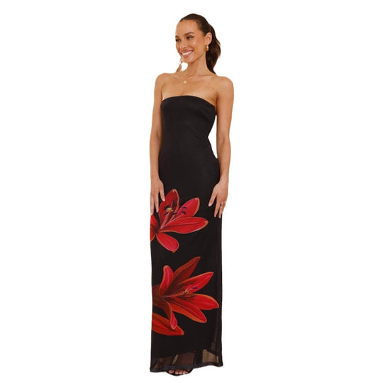 Damen Strak geschnittenes Maxikleid mit floralem Druck und schulterfreiem Design EB