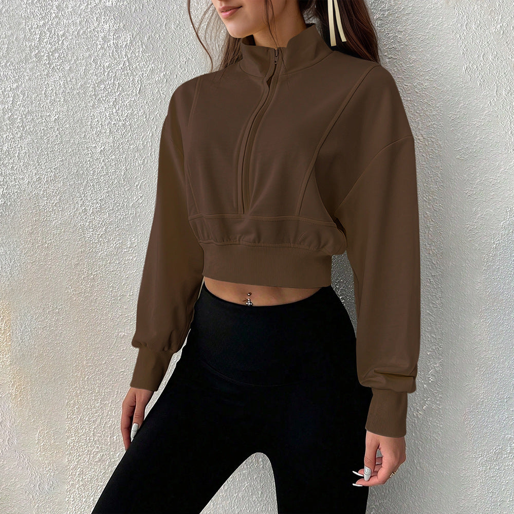 Damen kurzes Stehkragen-Sweatshirt mit halbem Reißverschluss, tailliertem Rippenbund und Daumenloch-Ärmeln Eichborn Berlin