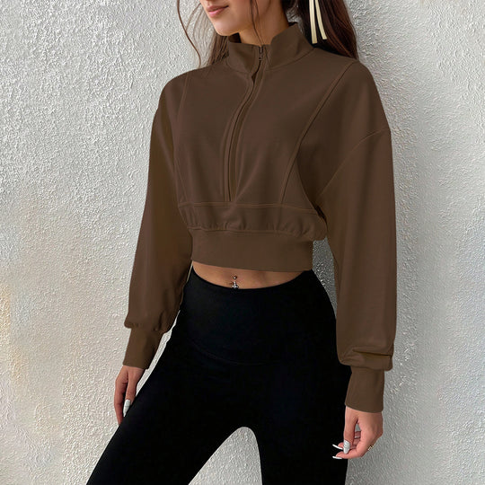 Damen kurzes Stehkragen-Sweatshirt mit halbem Reißverschluss, tailliertem Rippenbund und Daumenloch-Ärmeln Eichborn Berlin