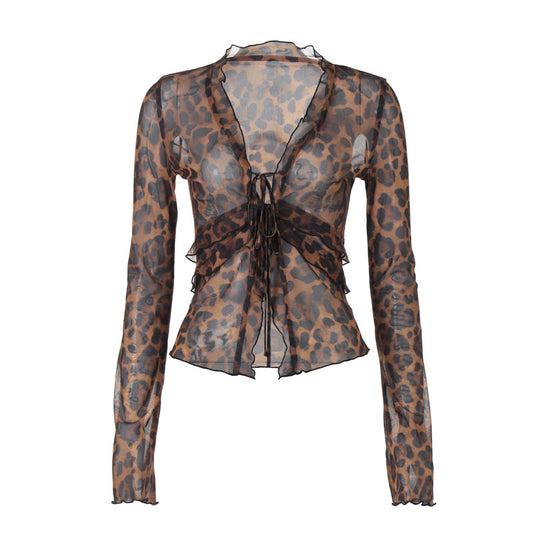 Damen leicht transparentes Oberteil mit Leopardenmuster EB