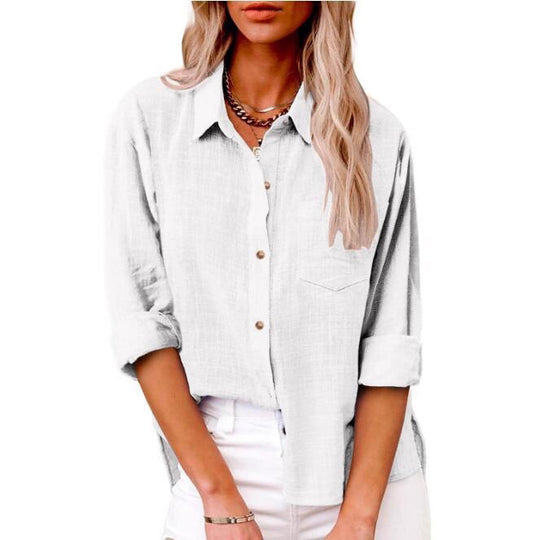 Damen lässige Leinenbluse mit kurzem Arm und Knopfdetails EB