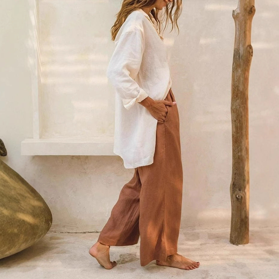 Damen Leichte und luftige Leinenhose mit weiten Beinen EB