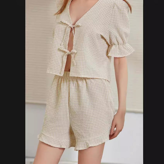 Damen Kurzschlafanzug Set mit Rüschen-Details EB