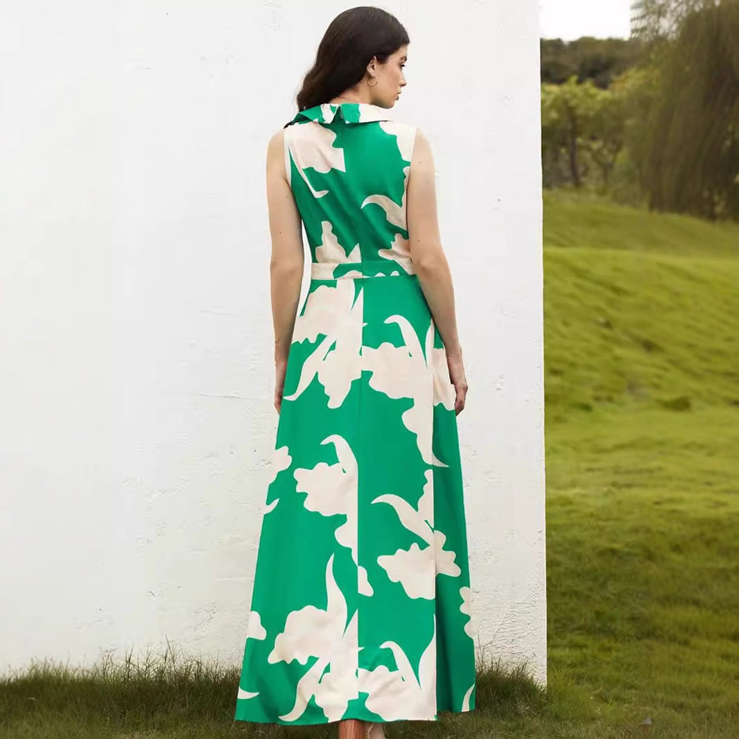 Damen Maxikleid mit dekorativem Bindegürtel und modischem Kragen EB