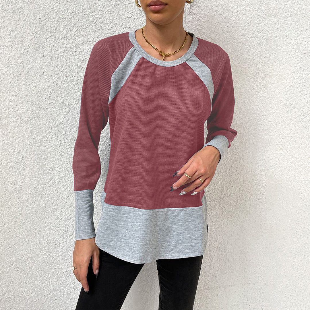 Damen lässiges Langarmshirt mit Waffle-Struktur und Kontrastärmeln EB