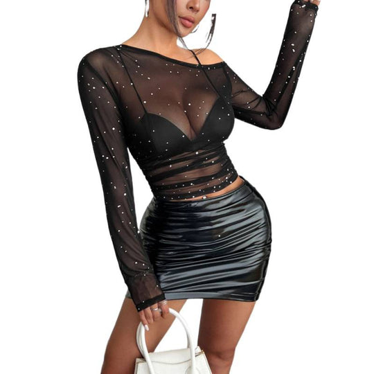 Damen Transparente Bluse mit Strass-Applikationen und langen Ärmeln EB