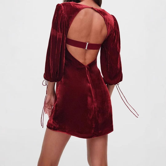 Damen Kurzes Samtkleid mit Puffärmeln und quadratischem Ausschnitt EB