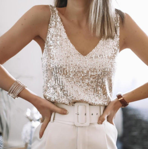 Damen Glitzerndes Tanktop mit V-Ausschnitt EB