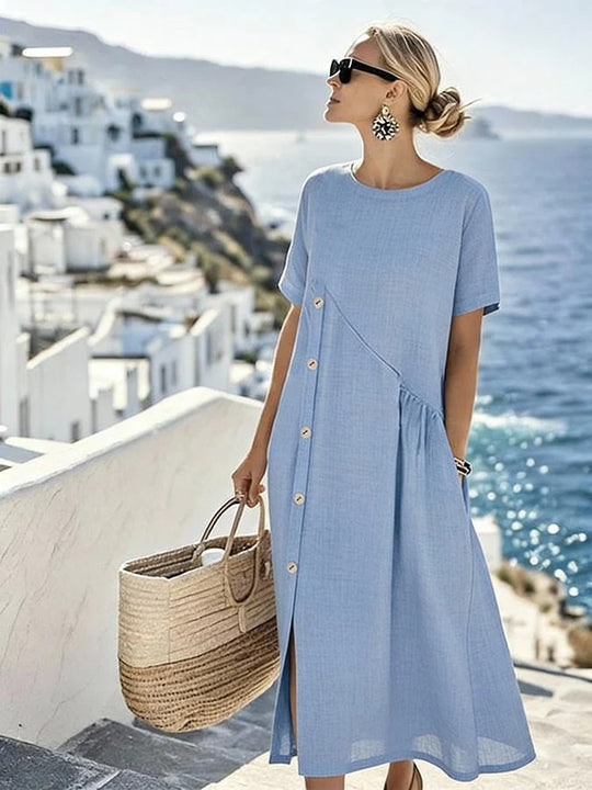 Damen Luftiges Sommerkleid mit seitlicher Knopfleiste, kurzen Ärmeln und Schlitz EB