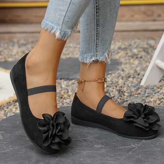 Damen Ballerinas mit floralem 3D-Blüten-Design und elastischem Riemen EB