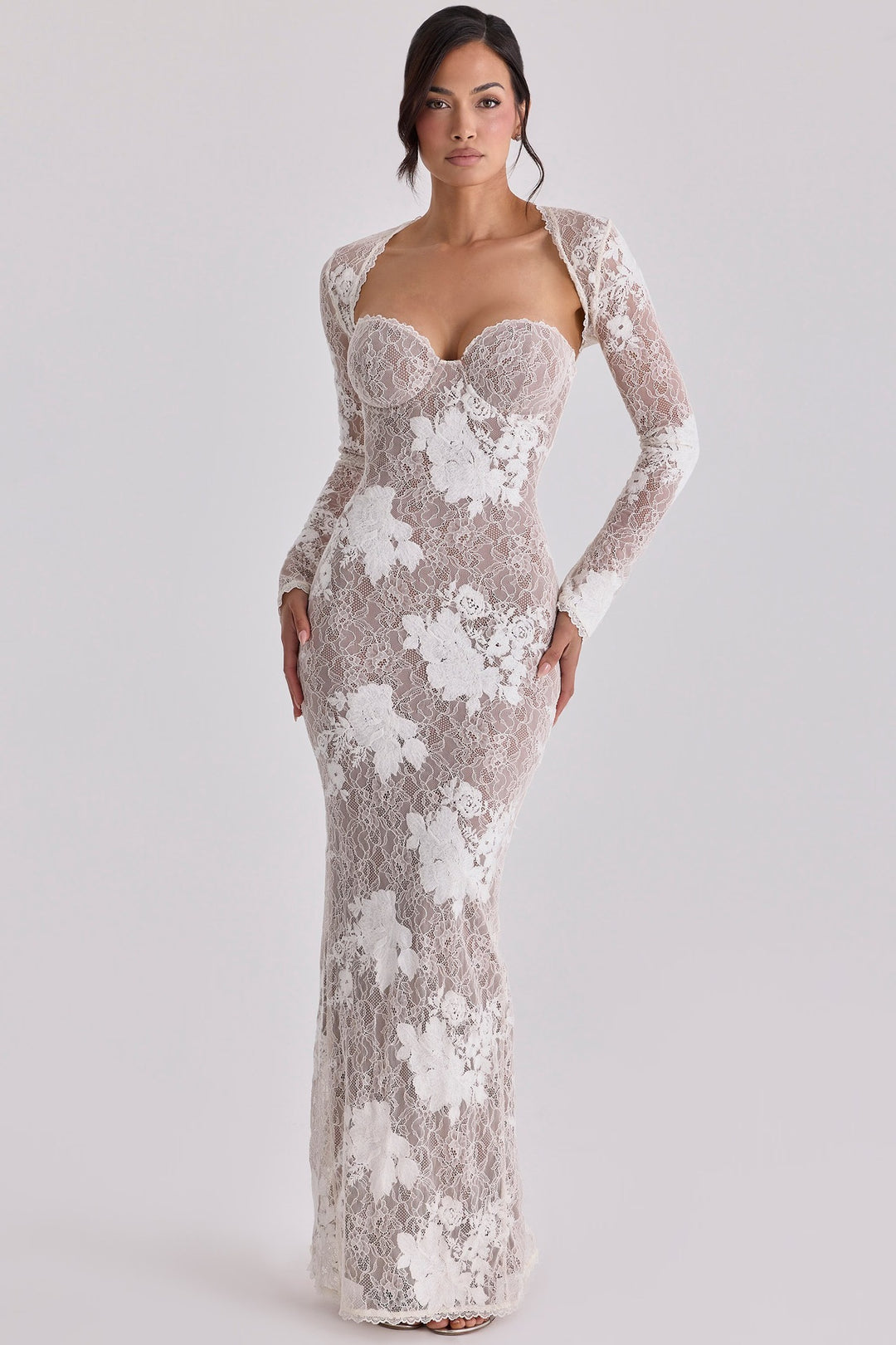 Damen Elegantes Spitzenabendkleid mit langem Arm und verführerischem Schnitt EB