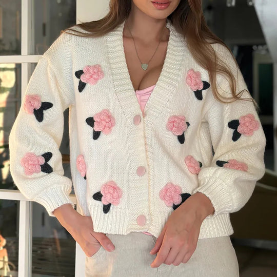 Damen Strickjacke mit floralen Applikationen und voluminösen Ärmeln EB