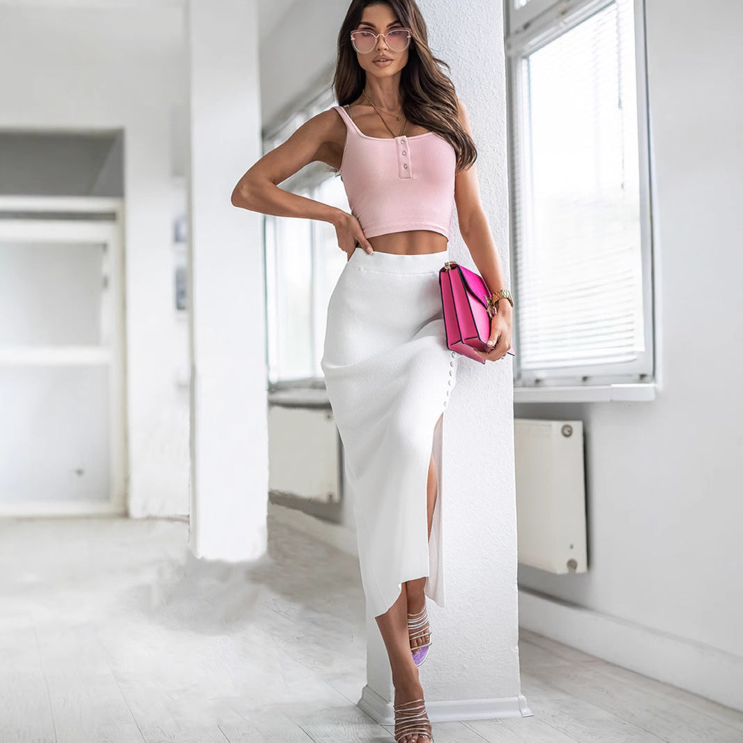 Damen Figurbetonter Strickrock mit Knopfdetail und Schlitz EB